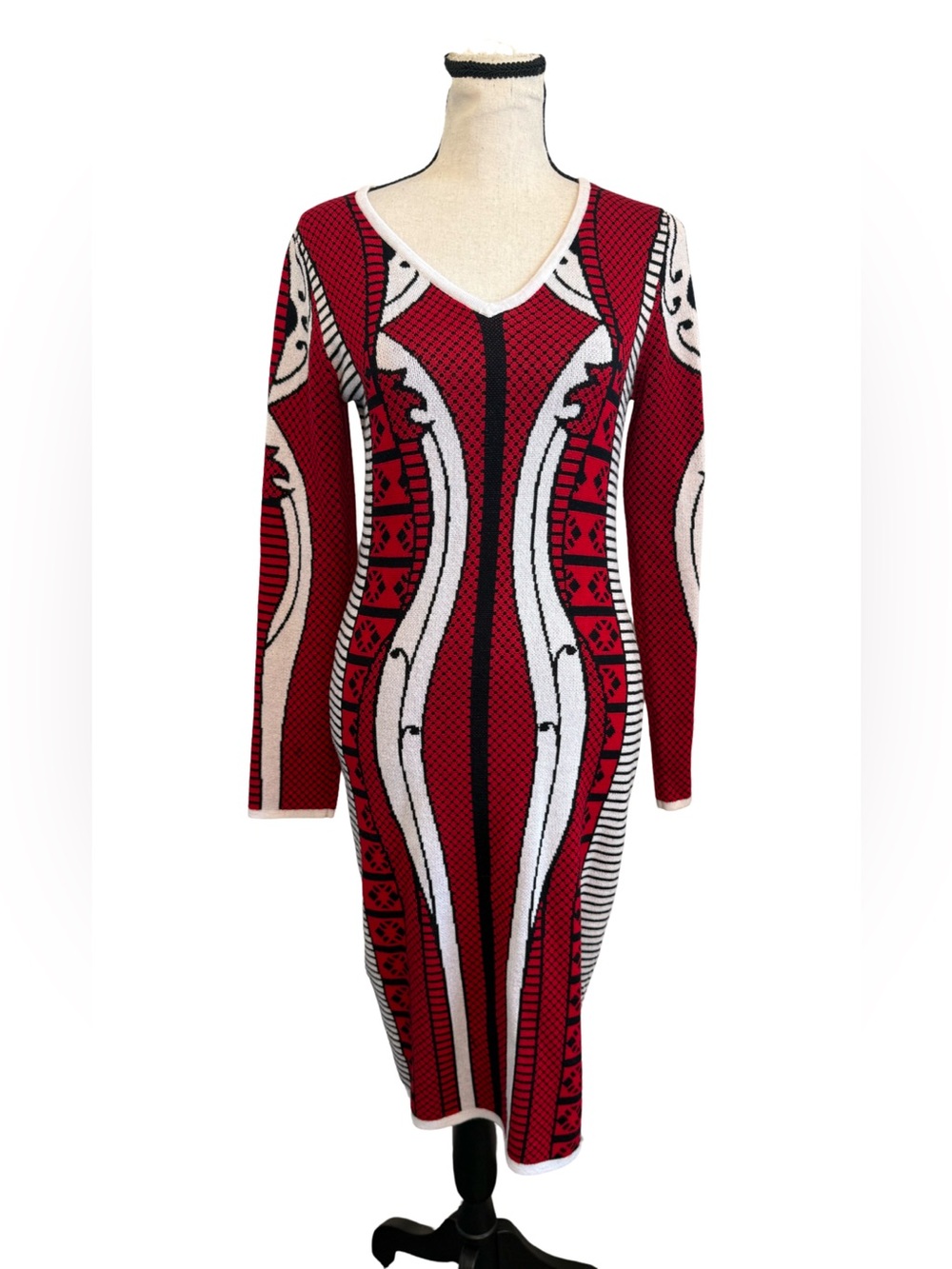 Derek Heart Red Black White Geometric Knit Sweater Dress Long Sleeve L